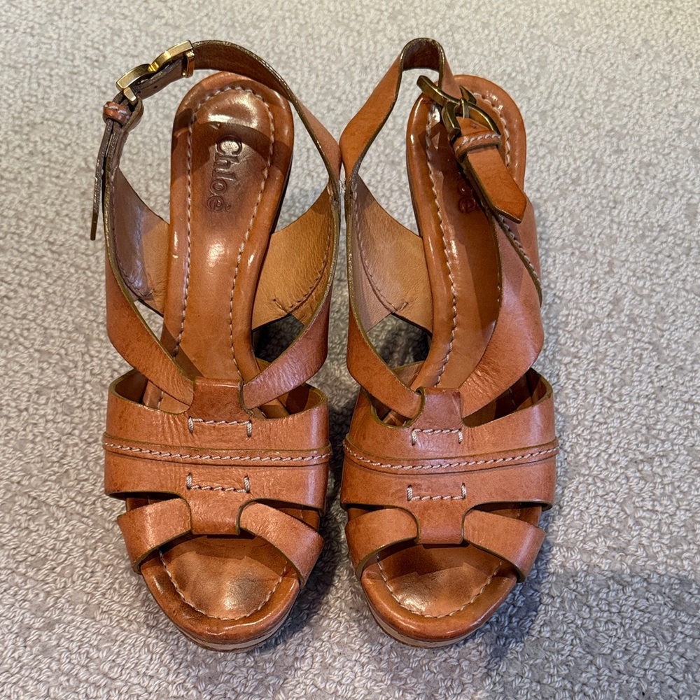 Vintage Chloe Cognac Leather Wedge Sandal Size 37